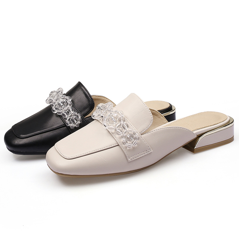 Women Mules Heel Shoes Lady Half Shoes PU leather Slip on Sandals Slippers with Rhinestone Bows on Top