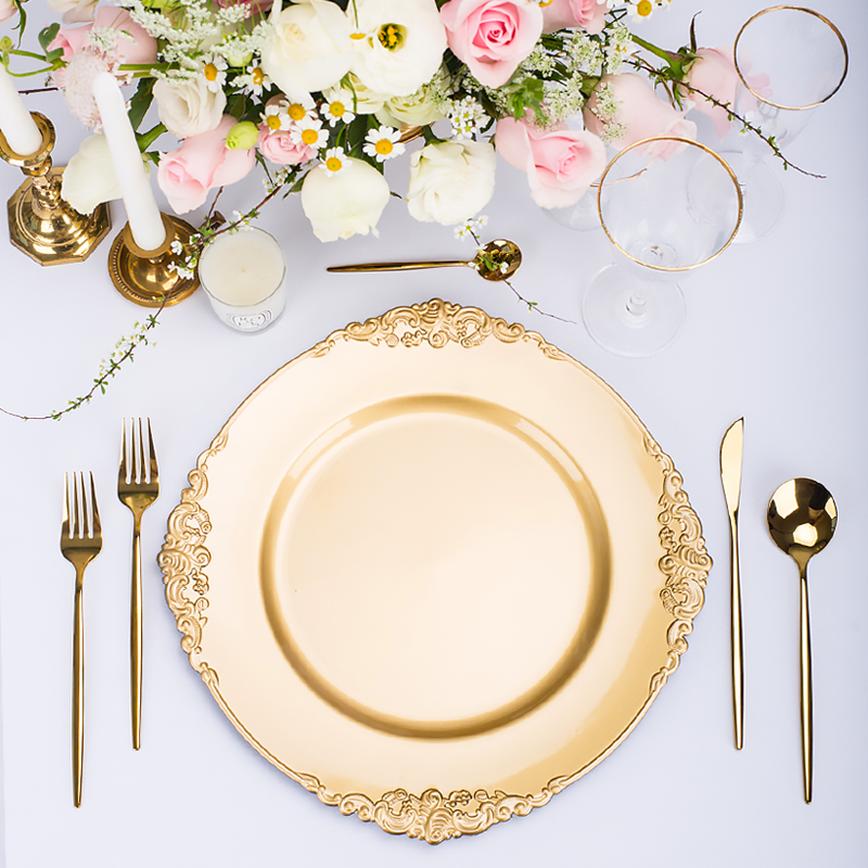 luxury wholesale designer silver gold rimmed glass black pink plastic charger plates wedding decoration dinner plate charger