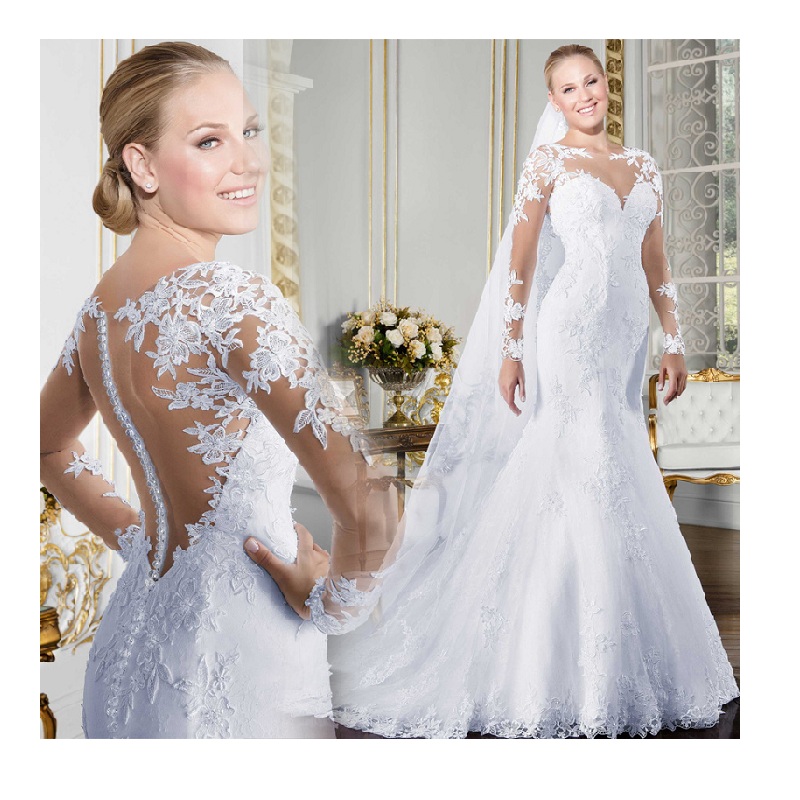 Africa Long Sleeve Mermaid See Through White Bridal Plus Size Lace Vestido de novia