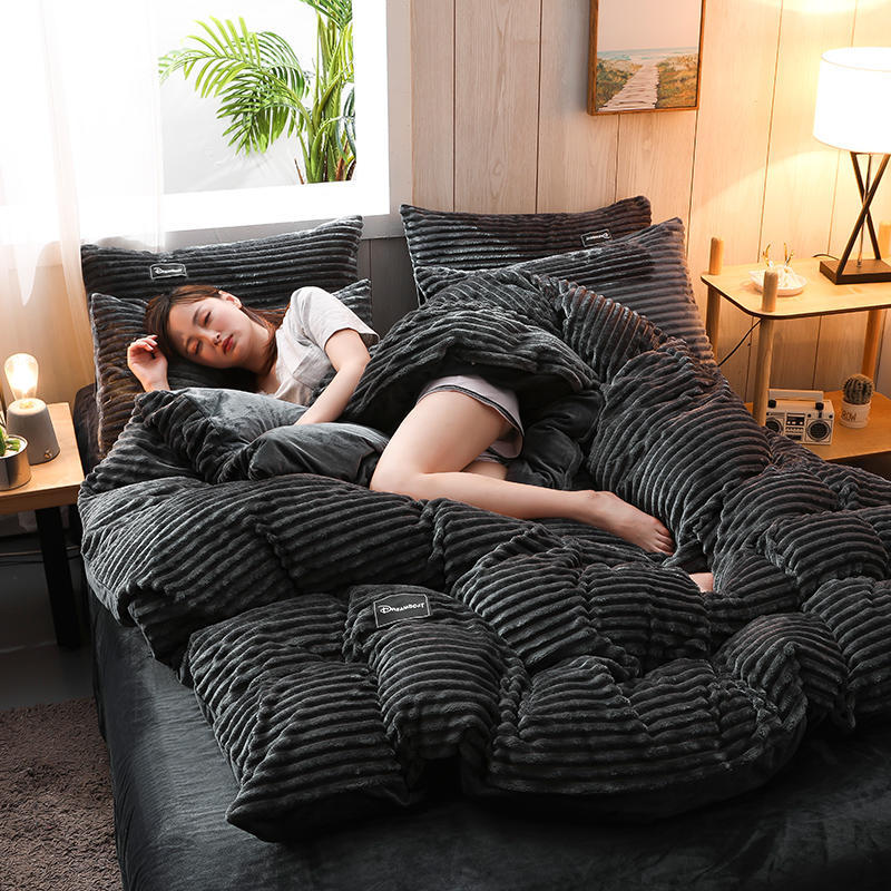 Coral Velvet Warm Cover Thicken Duvet Covers Solid Color Bedding Set For Bed Stripe Flannel Bedding Set