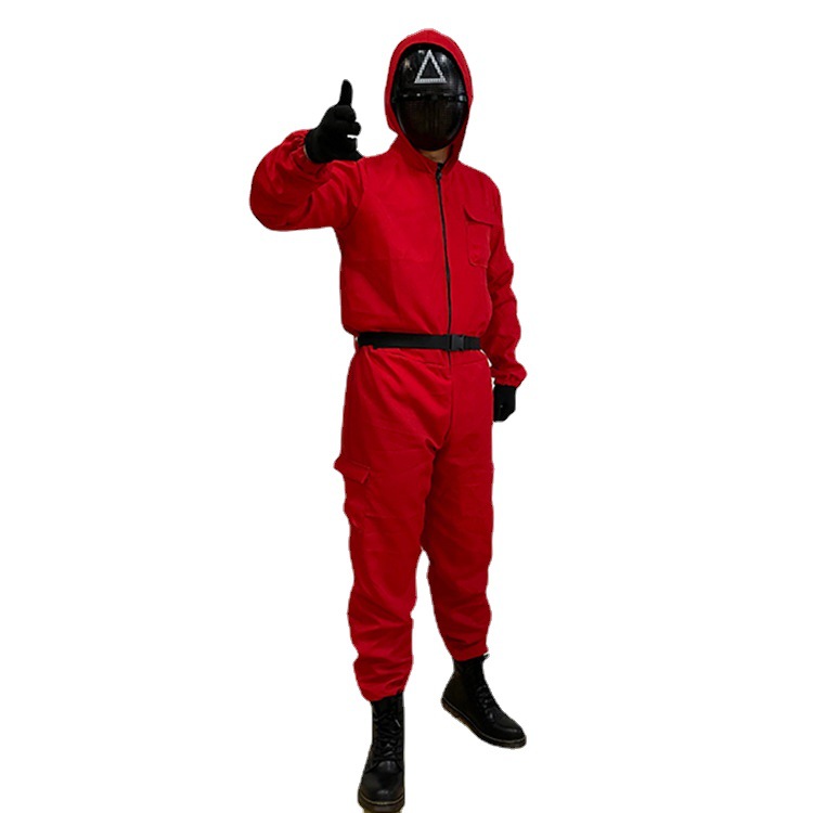 Hot Sale Full Face Korean Tv Soldier Cosplay Party Halloween Costumes Red Jumpsuits Squid Game Clothes Set
