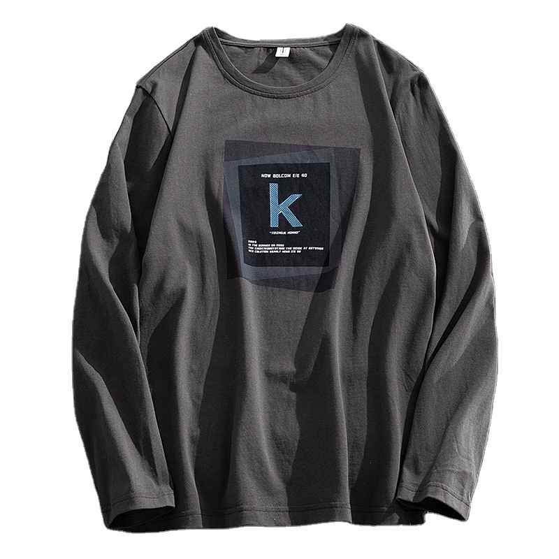 2021 New Long-Sleeved Korean Student Solid Color Pure Cotton Printing Casual Bottoming Shirt Men's Silk Screen Printing T-shirts