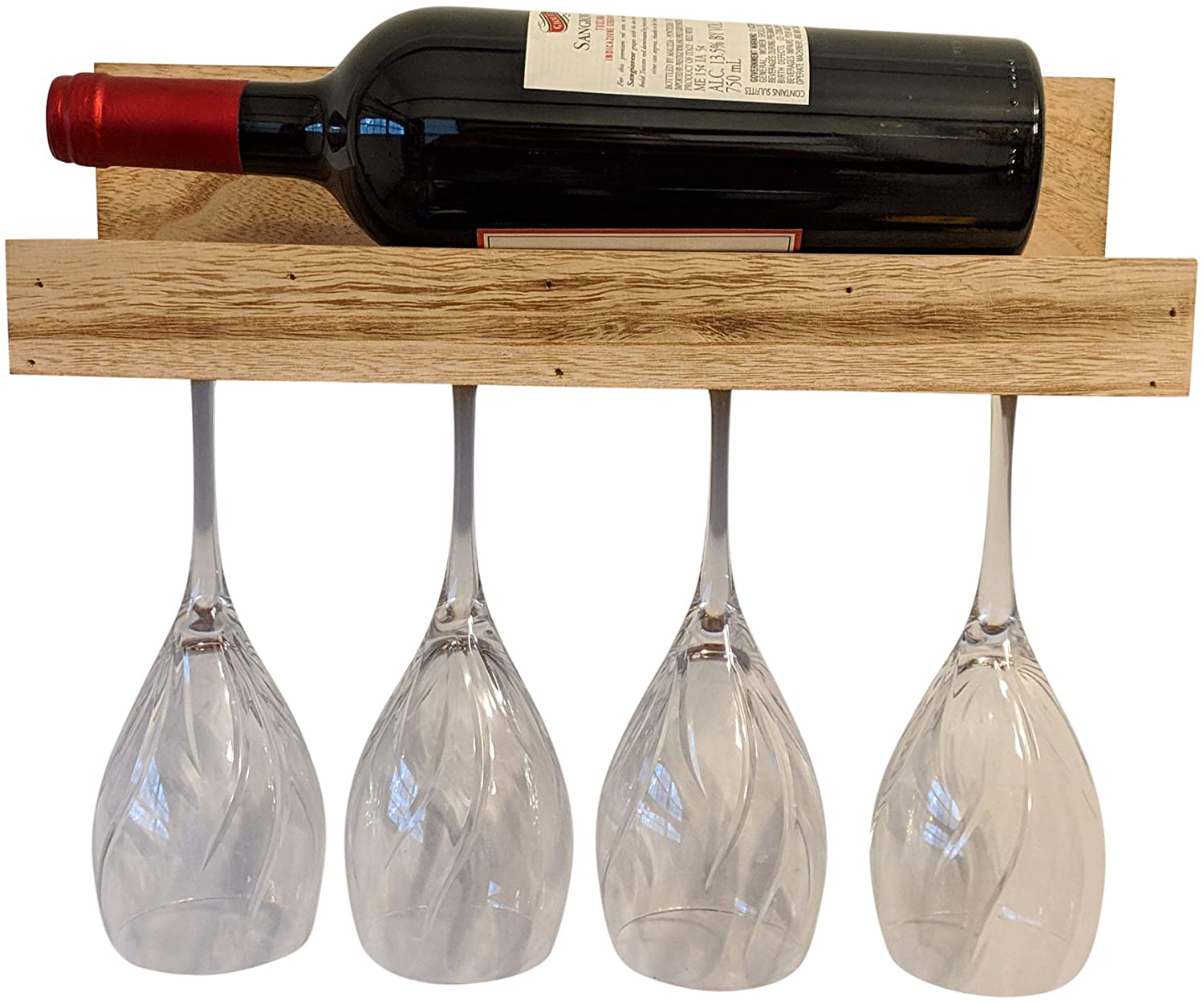 Rustic Farmhouse Country Distressed Wood Wall Mounted Wine Rack with Glass Holder (Torched Wood)