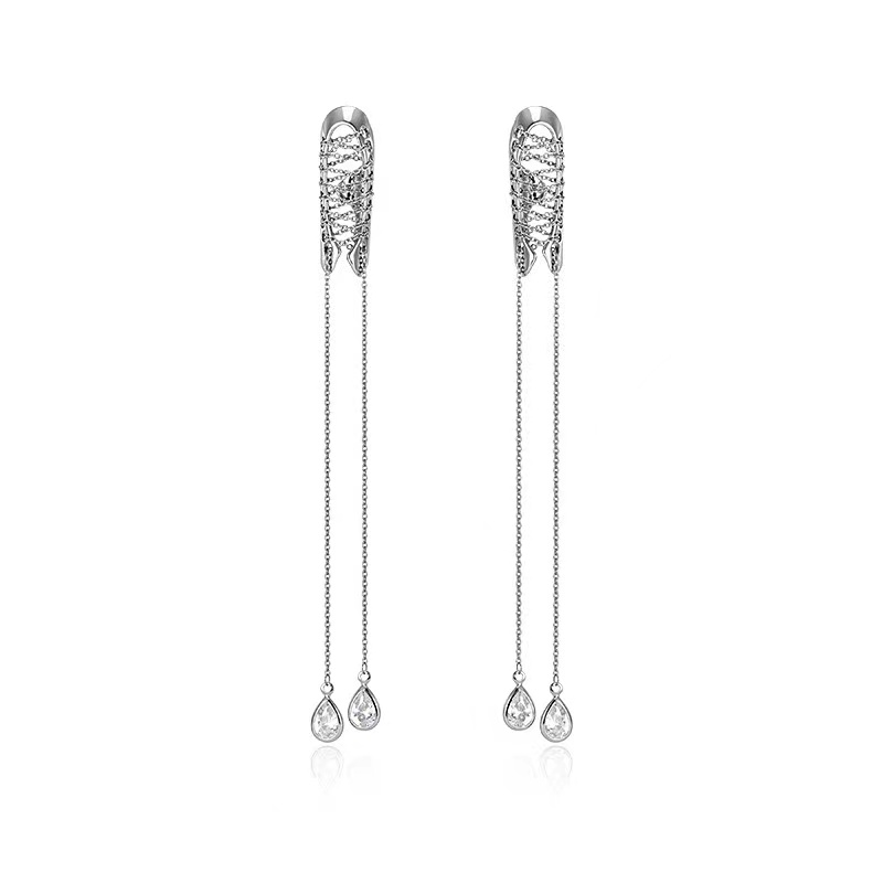 Tassel Earrings women's long zircon earclip with no ear hole niche design Cool personality goddess model Single Earring