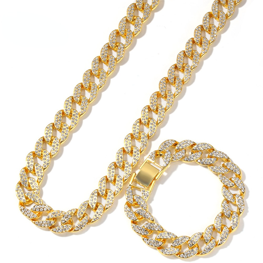 2021 new arrival fashion jewelry Hip Hop style Necklace bracelet Men's Alloy 15mm Full Rhinestone Miami Cuban Chain Jewelry Set