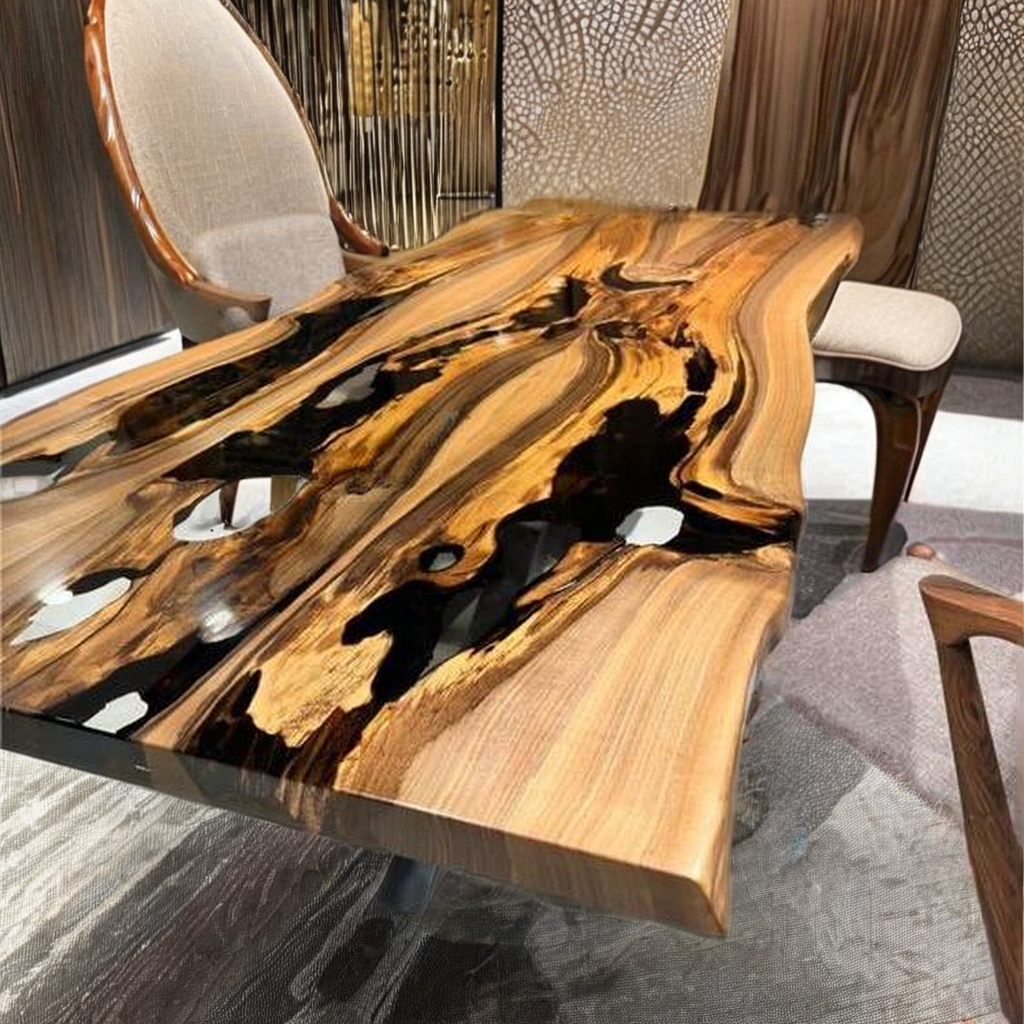 Antique Solid Wood Dining Table Set with Modern Epoxy Design for Kitchen or Hotel Use Featuring Exquisite River Theme Resin