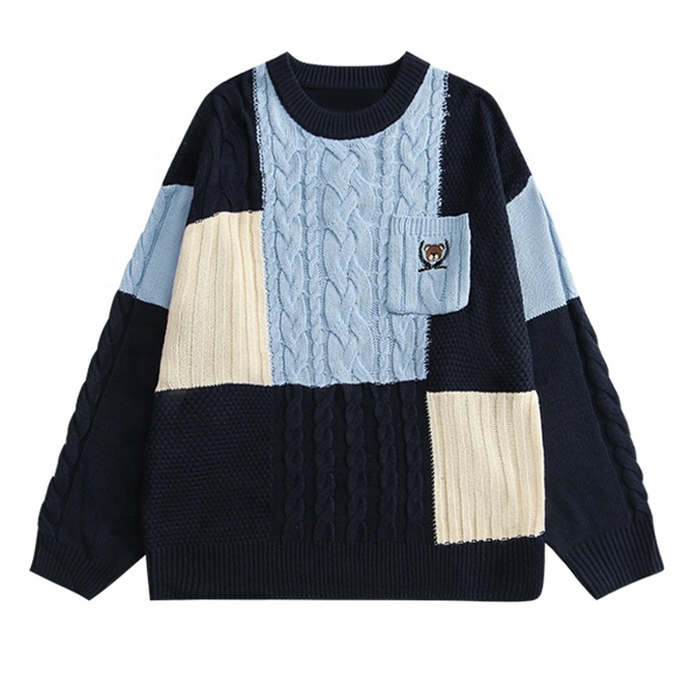 Finch Garment custom pullover pocket bear embroidery jacquard heavy sweaterscolor block knitwear crew neck men's sweater