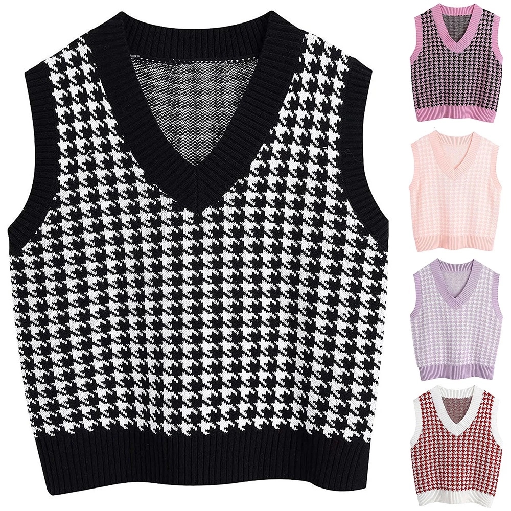 Plaid Knitted Sweater Vest Women 2021 Oversized Pullover Vintage Sleeveless V-Neck Korean Female Autumn Sweater Tops Casual