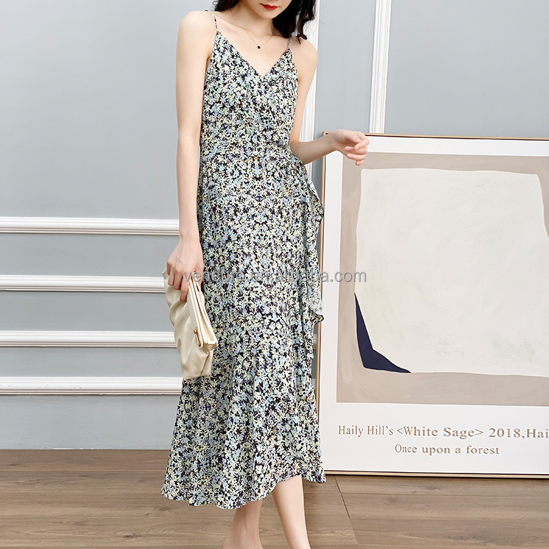 Floral flower V collar sling belt dress female V neck thin flounces stitching elegant temperament long skirt