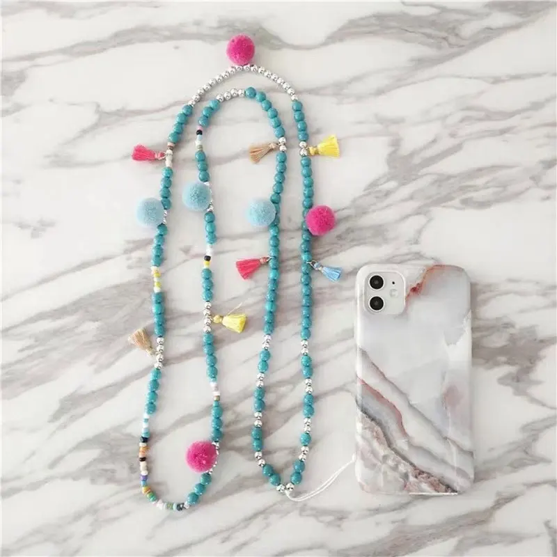 Special Offer  Ins Net Red Color Tassel Silver Beaded Long Mobile Phone Strap Handmade Turquoise Beads Phone Accessories