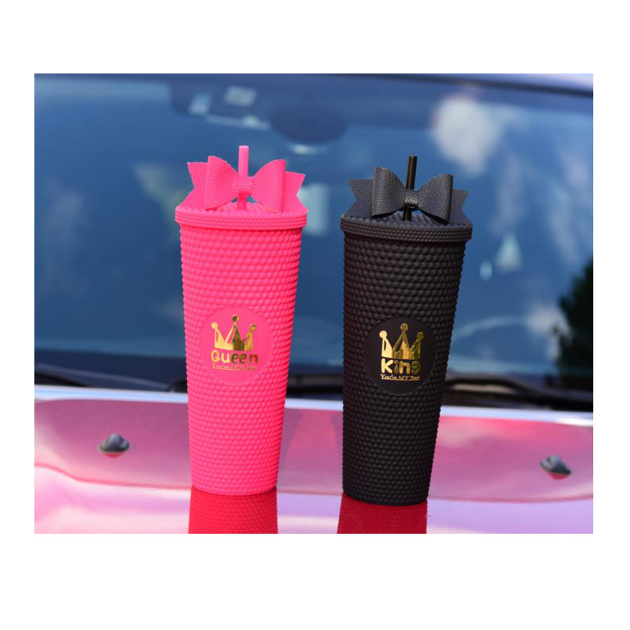 grid studded reusable plastic cup double wall matte gold plastic bulk studded tumbler grid pineapple cup with bow straw