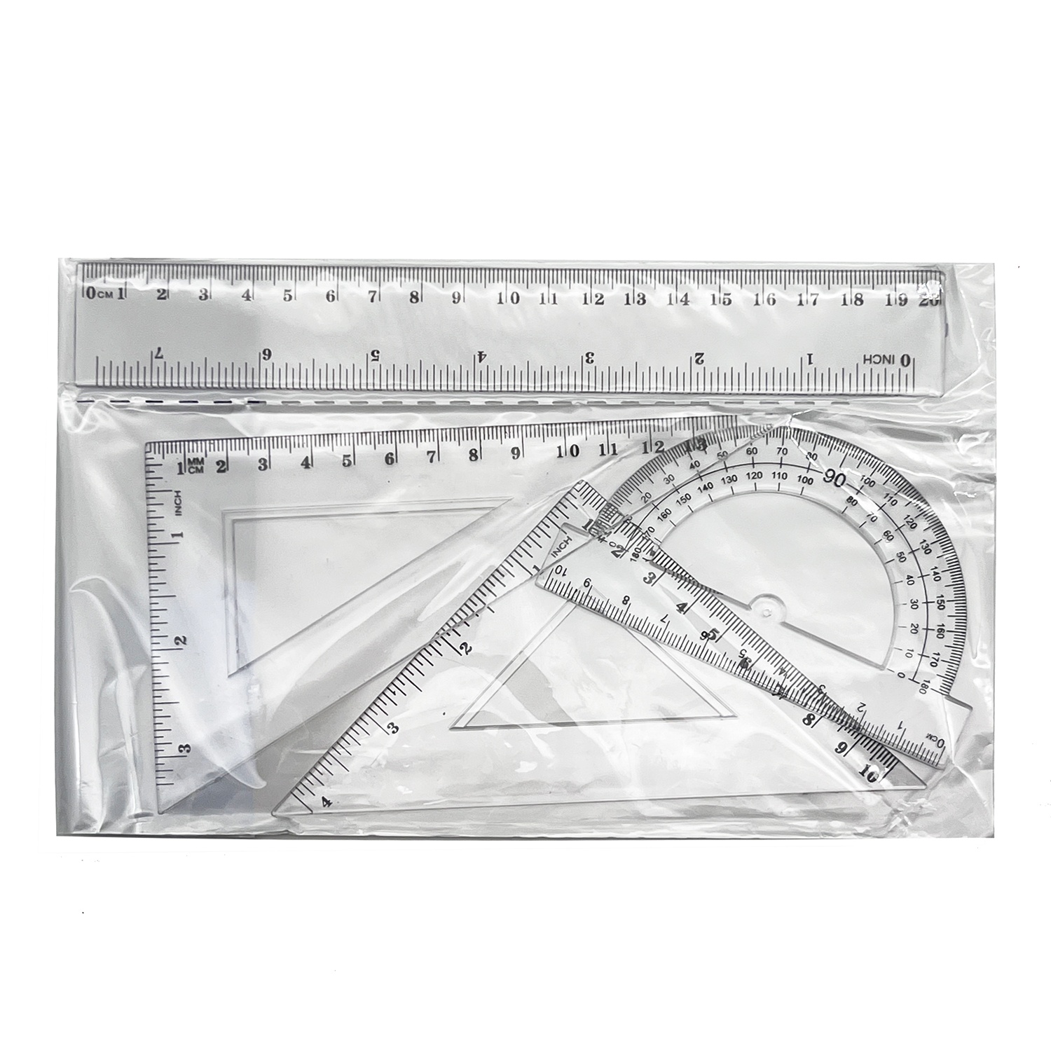 Wholesale school student tools protractor triangle straight 4pcs promotion ruler plastic rulers for school stationery set