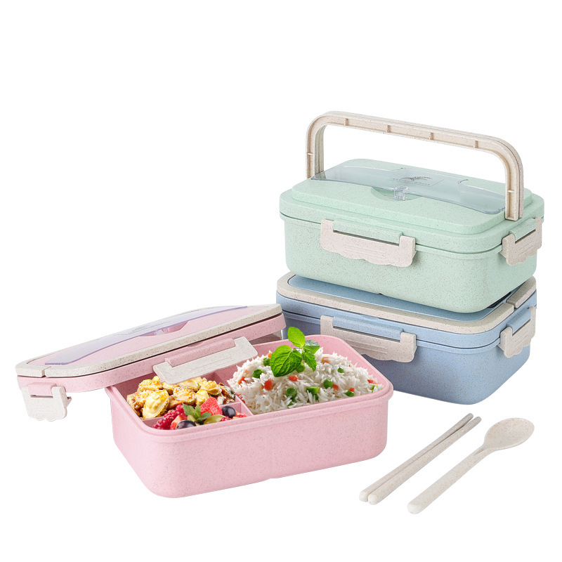 Customized Logo Food Grade Wheat Straw Lunch Box Microwaveable Food storage Container Boite Bento Box with Spoon and Fork
