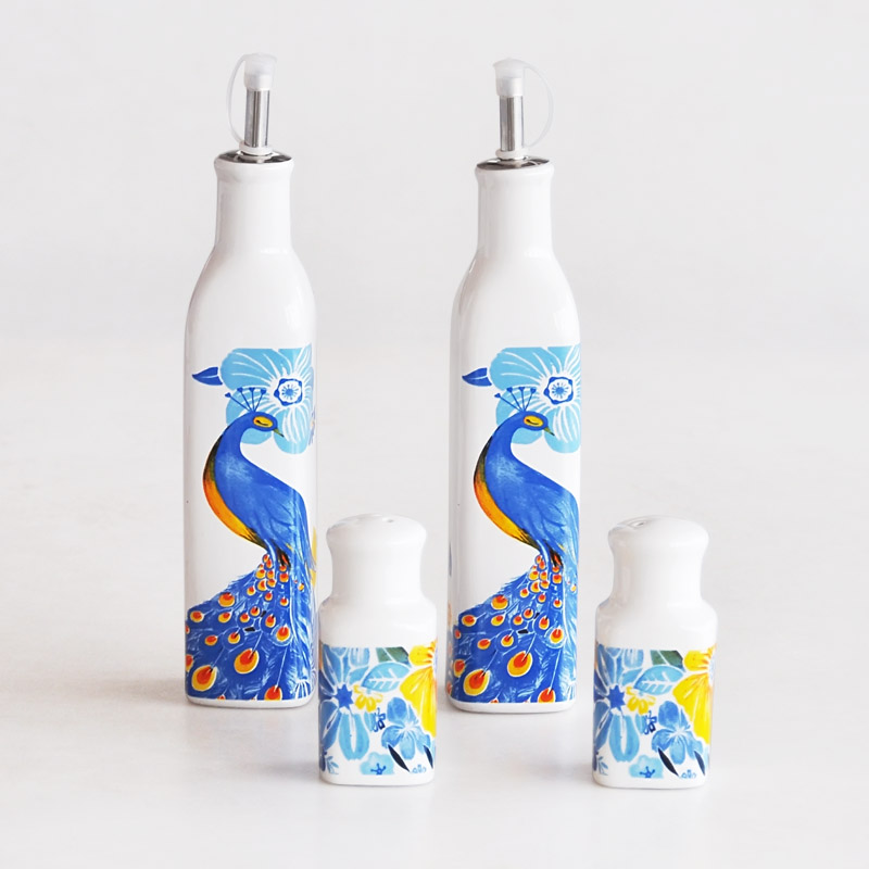 4pcs white ceramic seasoning storage set olive oil bottle spice containers salt and pepper shakers with decal condiment set