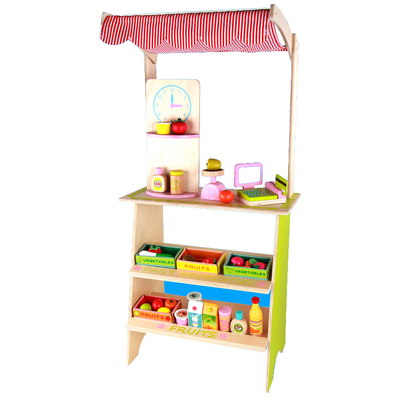 Pretend Play Kitchen Set Wooden Fruit And Vegetable Stand Toy Supermarket Display For Children