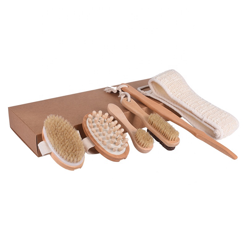 6 Piece Set Body Massager Dry Skin Exfoliating Wood Bath Facial Spa Brush With Detachable Long Handle Bath Belt Pumice Stone
