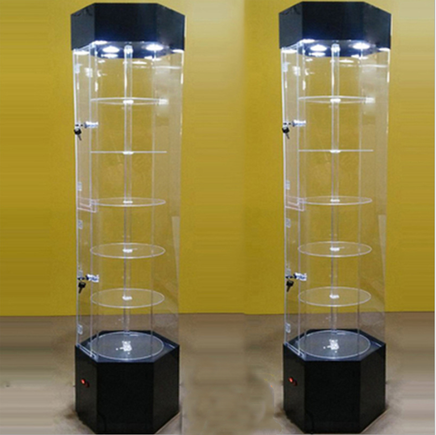 EXCEL Cheap Acrylic 5 Layer Glass Cases Hexagonal Shop Display Shelf Revolving Showcase Display Cabinet with LED Light