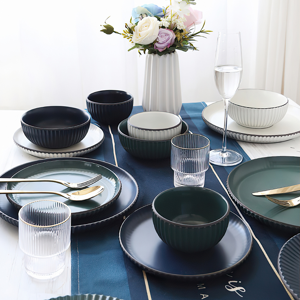 Luxury Ceramic Soup Plate Bowl Dishware Set Dinnerware Matte Color Glaze Stripes Porcelain Tableware