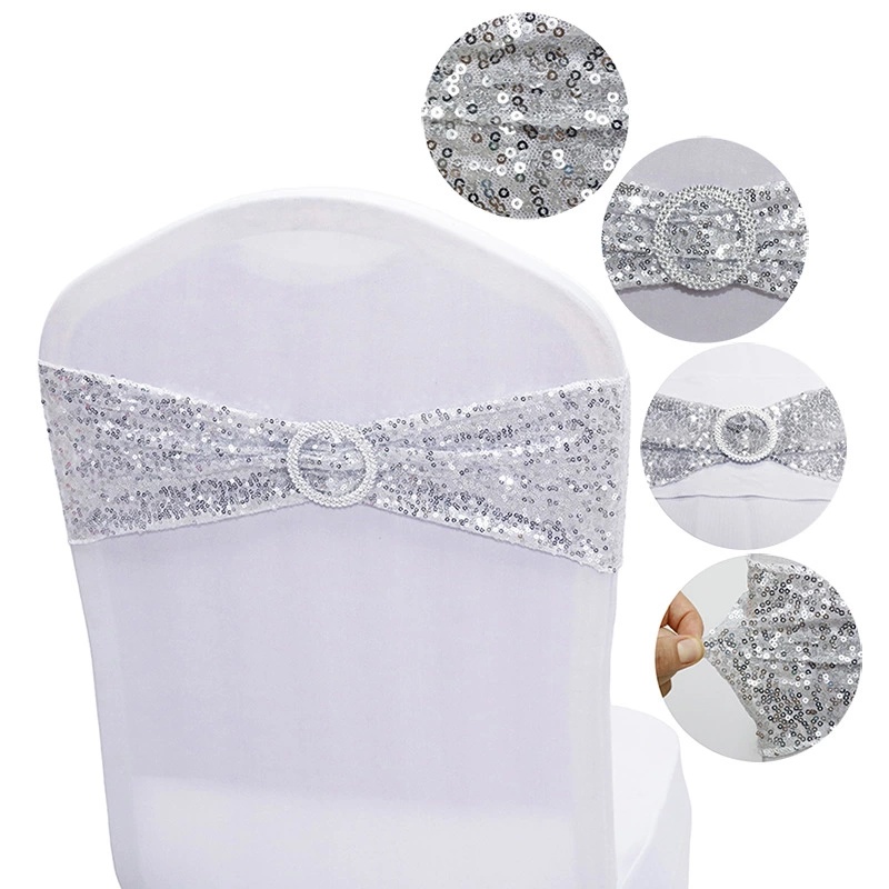 Wedding Hotel Banquet Elegant Silver Bows Chair Covers Bands Spandex Stretch Chair Sashes with Buckle