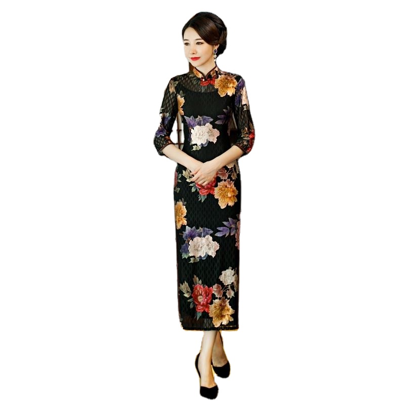 Китайские современные модные длинные Cheongsam элегантный половина рукава Qipao кружевных тканей платье для женская обувь для свадебной вечеринки