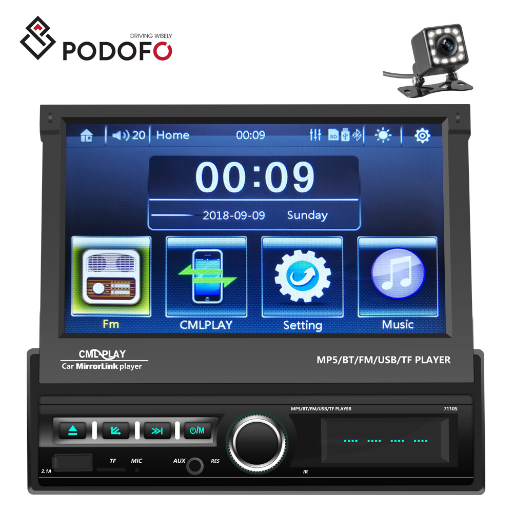 Podofo 7 ''1Din Автомобильный видео MP5 плеер выдвижной сенсорный экран USB/TF/ FM/BT/телефонная связь + 12LED камера заднего вида