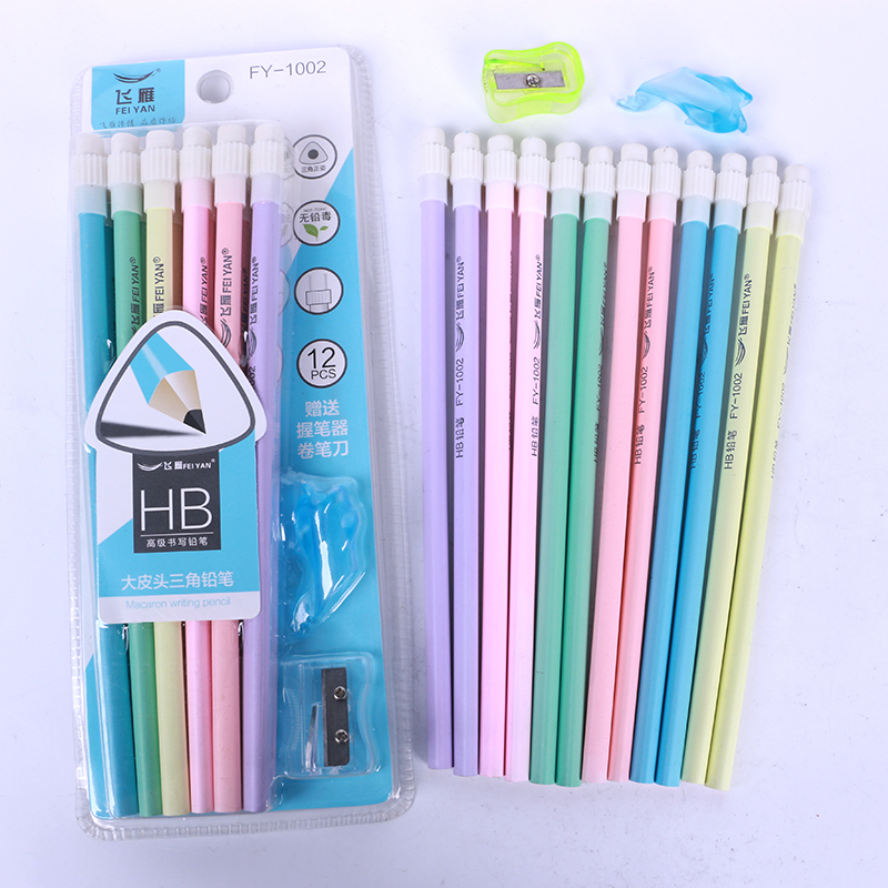 FEIYAN FY-1002 wooden traingle pencils hb pencils with big eraser,&sharpener &grip blister set student stationery pencil set