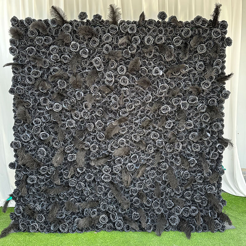 Luxury real touch 3d black feather rose floral walls panel for wedding backdrop decoration