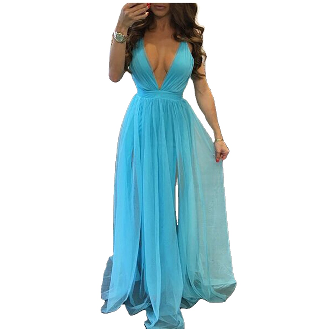 Wholesale women's long wedding bridesmaid dres v-neck white and blue chiffon for girl's dress