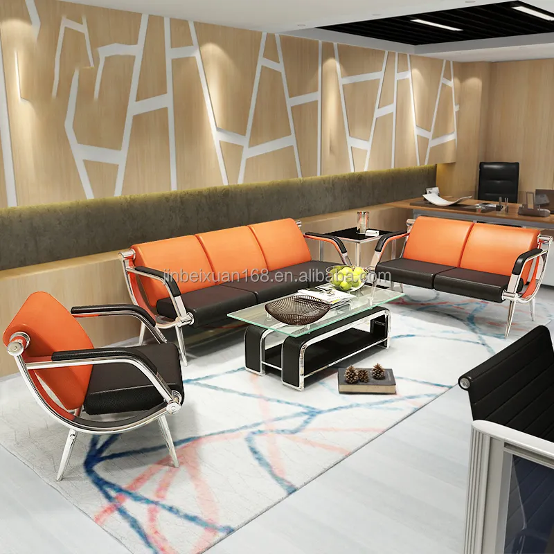 Cheap price modern office furniture PU leather metal frame orange and black sectional office sofa set