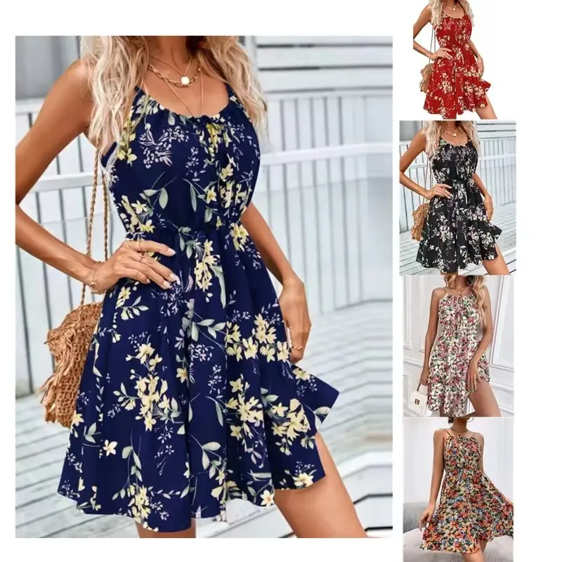 Conyson Dropshipping New Hot Sale Arrival Summer Sleeveless Floral Printed Simple Flavor Women's Flare Loose Vintage Dress