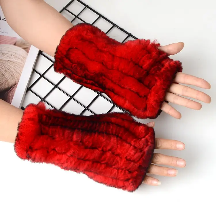 Перчатки из натурального кроличьего меха для женщин, теплые зимние кожаные облегающие вязаные перчатки без пальцев