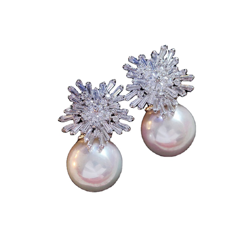 Square Austrian Cubic Zirconia Stud Earrings for Women Fashion Imitation Pearl Snow Flower Bridal Girl Jewelry
