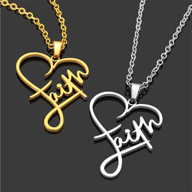 18K Gold Plated Titanium Steel Heart Motivational Faith Letter Pendant Necklace for Gift Women