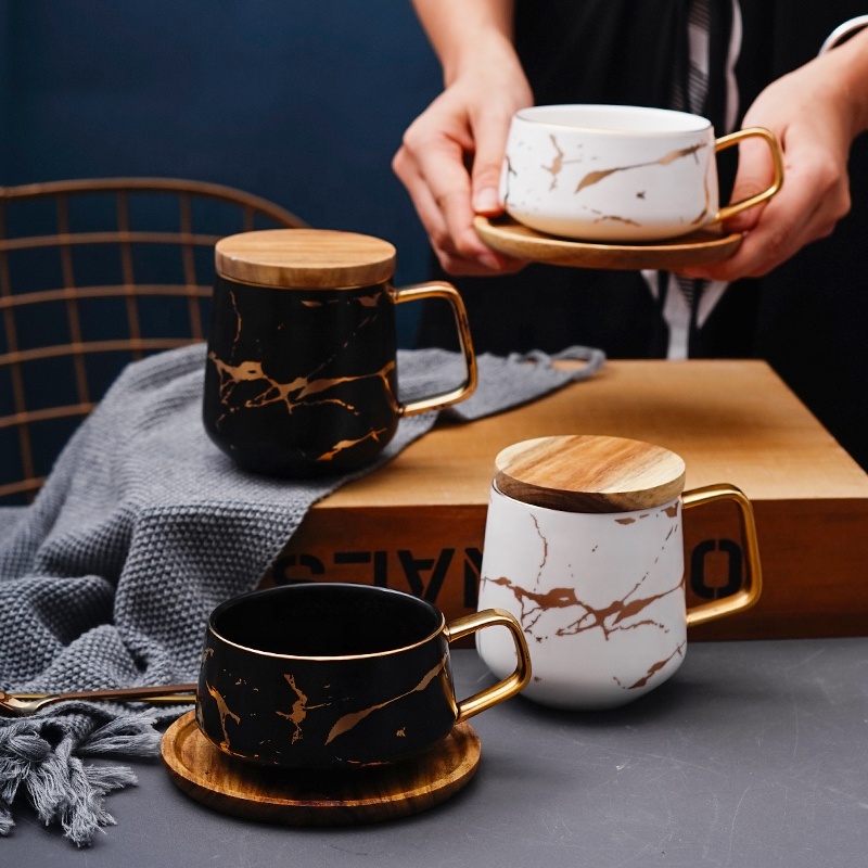 2021 New Arrival Marbling Gold Wooden holder coffee Mugs