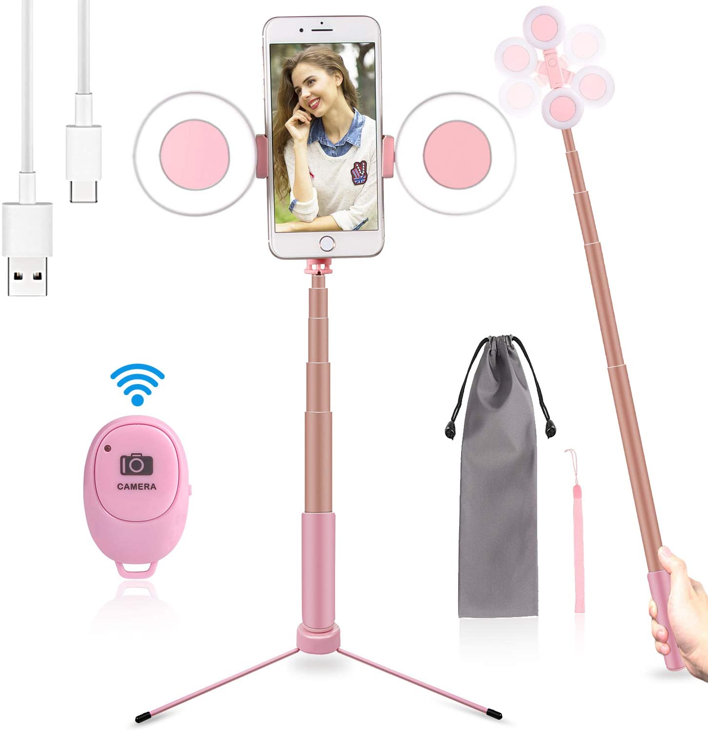 Selfie Stick, Extendable Selfie Stick Tripod with Detachable Wireless Remote and Tripod Stand for Travel, Compatible