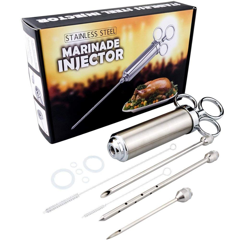 2020 New design Stainless Steel Manual Brine Meat Injector 2oz Kit Injection Syringe with brush