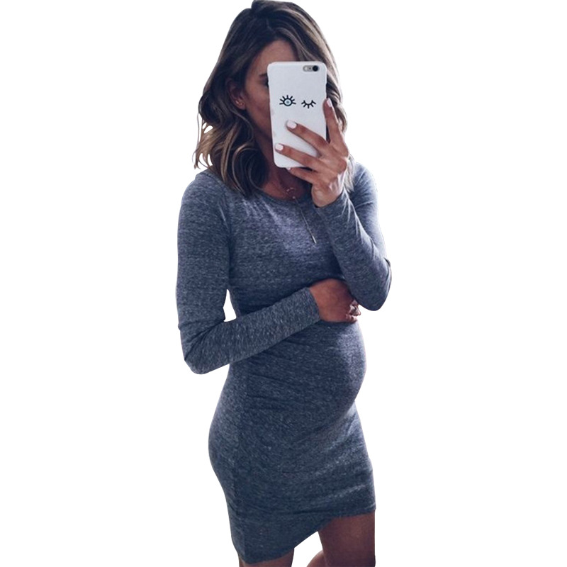Visualize2021 Pure Color Round Neck Long Sleeve Maternity Skirt Dress high quality casual dress pregnancy clothes maternity gown