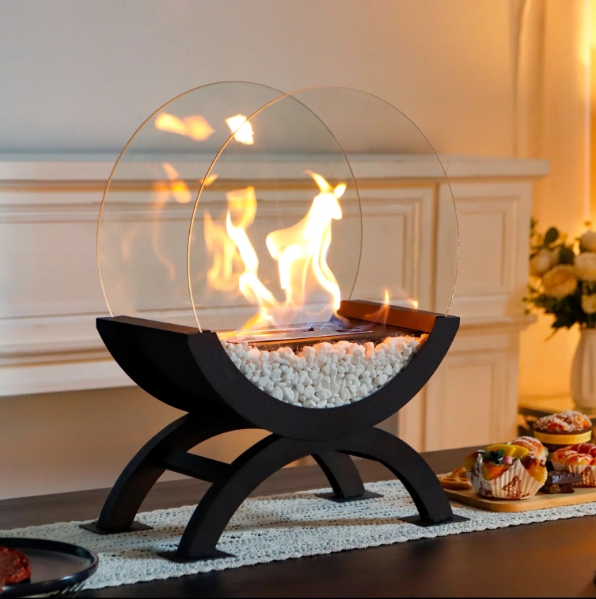 Unique Double Arch Structure Black Metal Fireplace Round Glass Large and Stable Free Standing Ethanols Fireplace