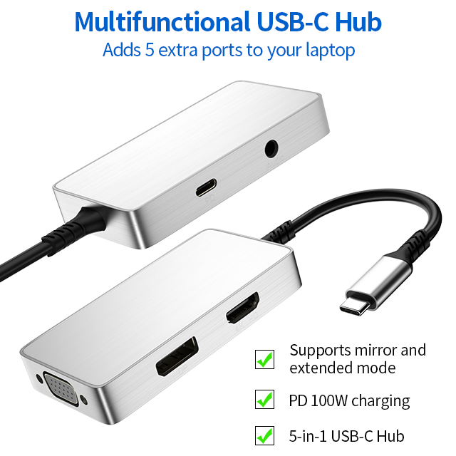 ULT-unite 5-in-1 USB Type C Hub Adapter with 4K DisplayPort HDMI VGA 3.5mm Audio USB-C 100W Power Delivery Ports