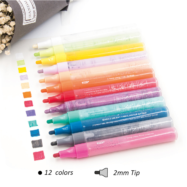 12 Colors Acrylic Paint Marker for Rock Painting, Stone, Metal, Ceramic, Porcelain, Glass, Wood, Fabric, Canvas