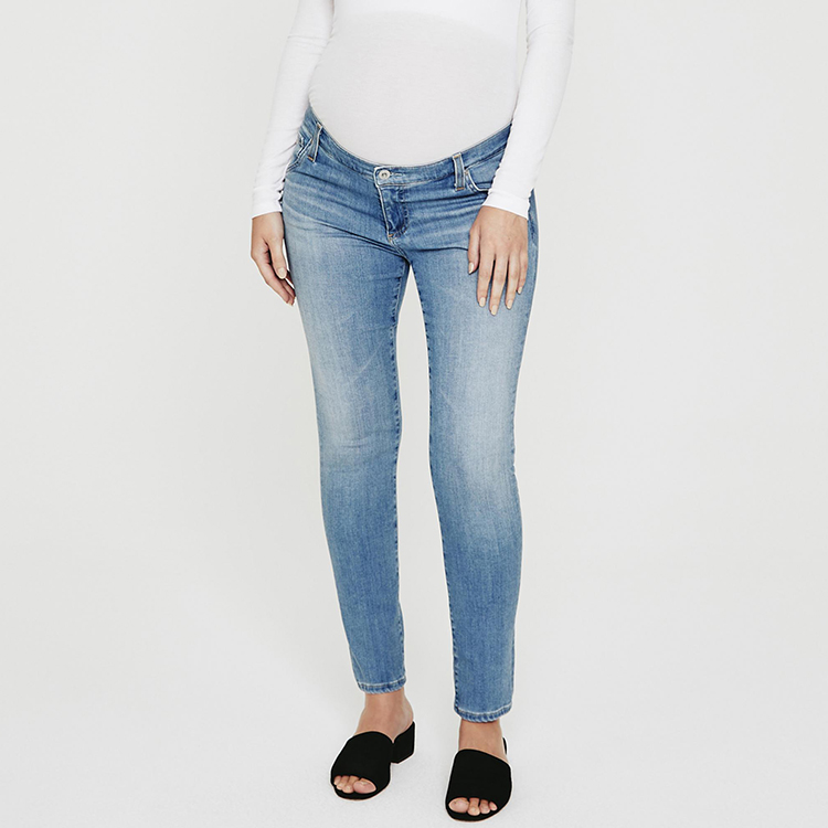 Custom high quality stretchy tapered light blue women pregnancy denim pants moms jeans