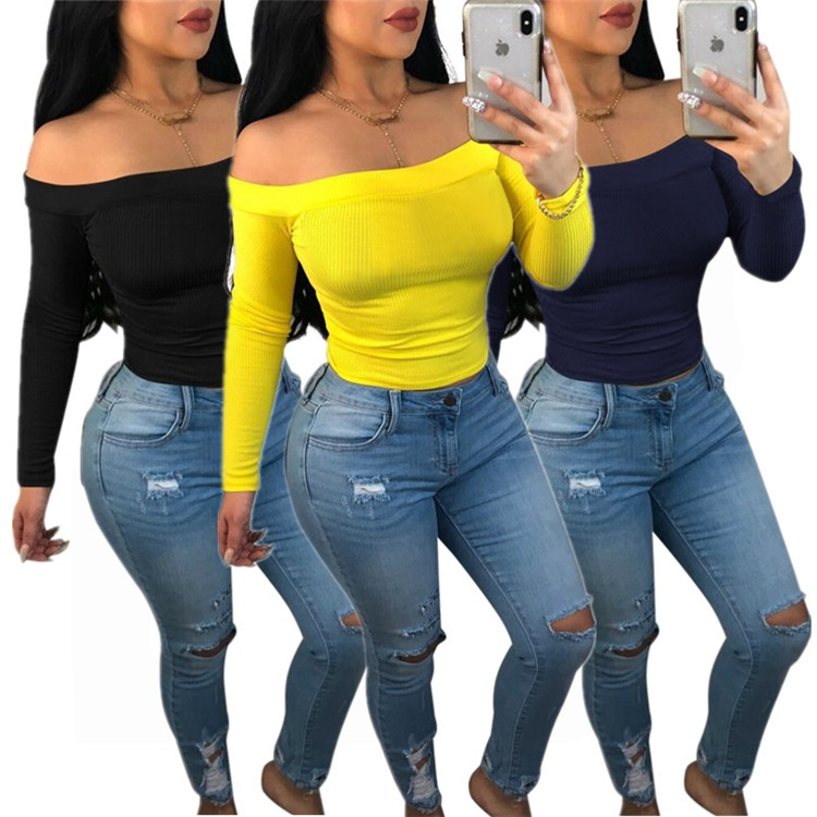 E93059 Women hotsale off the shoulder T shirt woman solid color tops longsleeves bodycon tops for lady