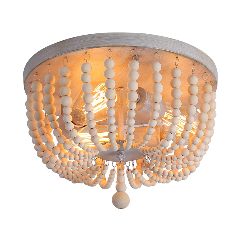 Flush Mount Ceiling light for bedroom white farmhouse ceiling light for entryway 2-lights wood beaded ceiling lamp