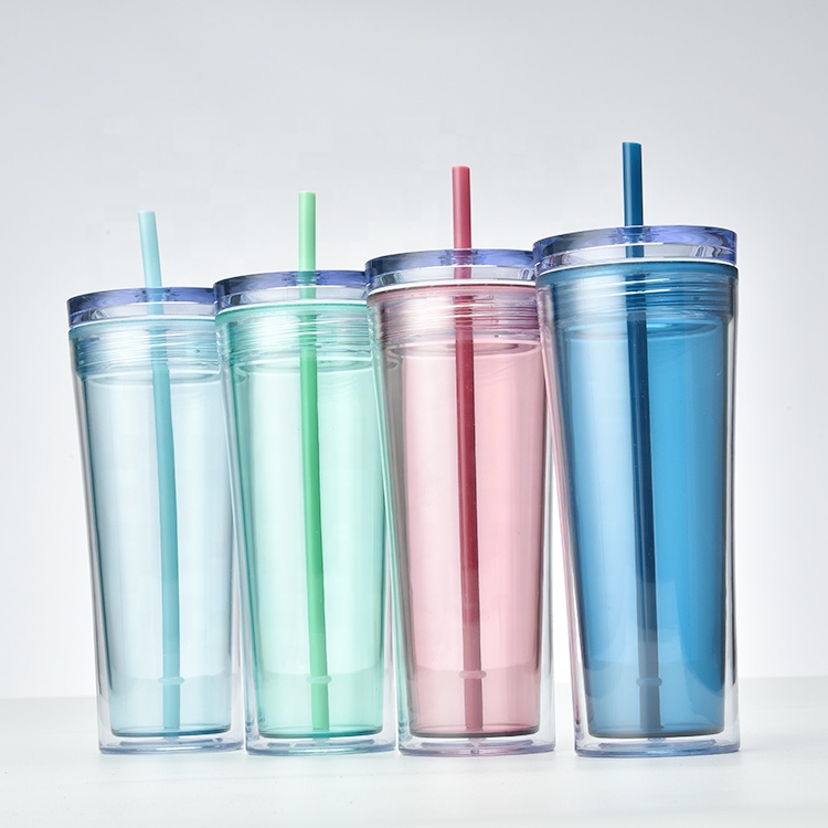 Wholesale Promotion Double Wall Transparent Clear Plastic Coffee Water Cups Mugs with Lid
