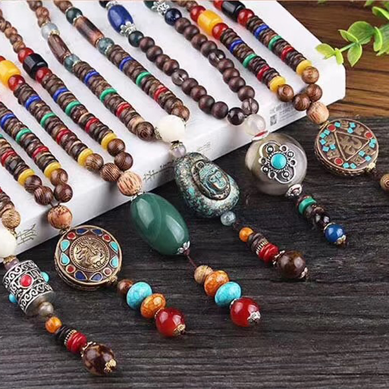 new wholesale brass Buddhist Mala Wood Beads Necklace Ethnic Horn Fish Long Statement bohemia Necklace Handmade Nepal Jewelry