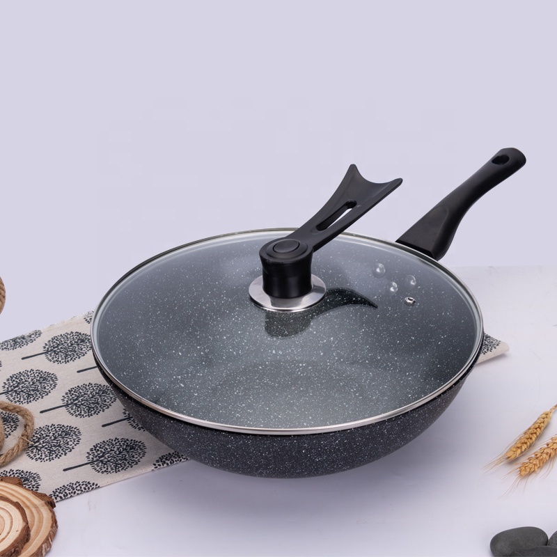 Прямые продажи с фабрики, китайское Мраморное покрытие, 32 см, общее использование, глубокие Woks со стеклянной крышкой