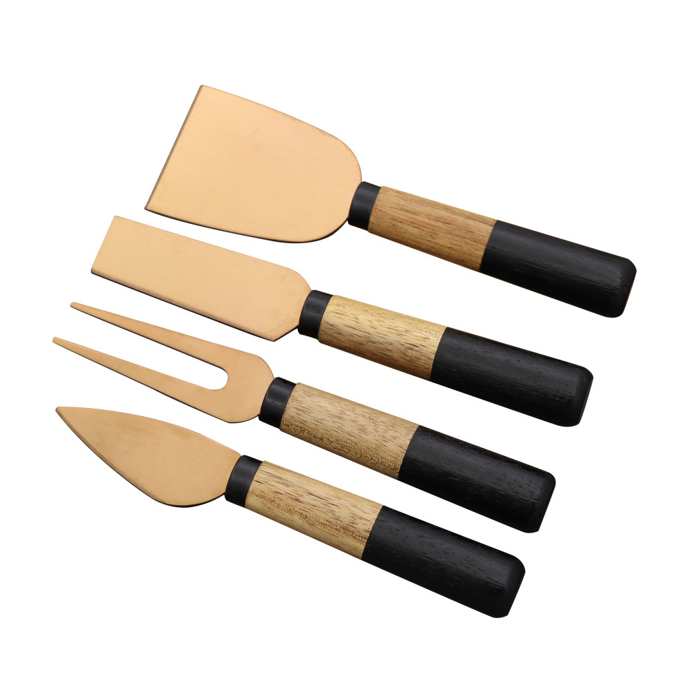 Customized Logo 4 pieces Wooden Handle Golden Cheese Knife Set Stainless Steel