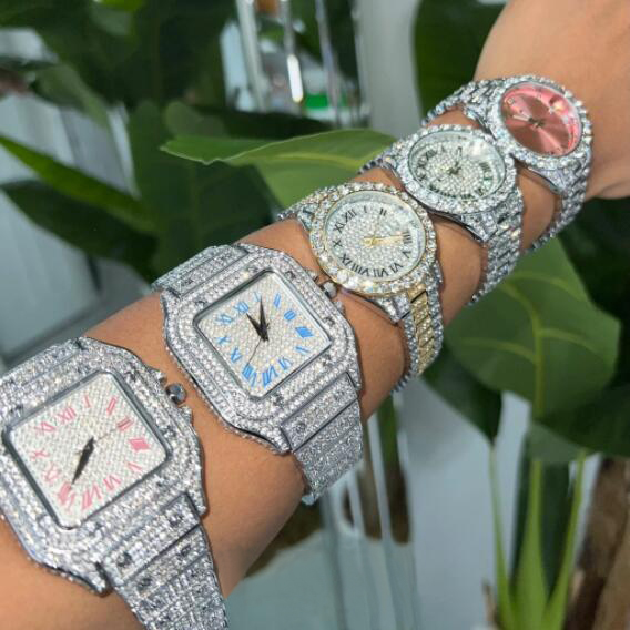 2022 модные ювелирные изделия в стиле «хип-хоп» с бриллиантами часы Bling льдом Мужские Женские кварцевые часы класса люкс Розовый циферблат часы для мужчин и женщин