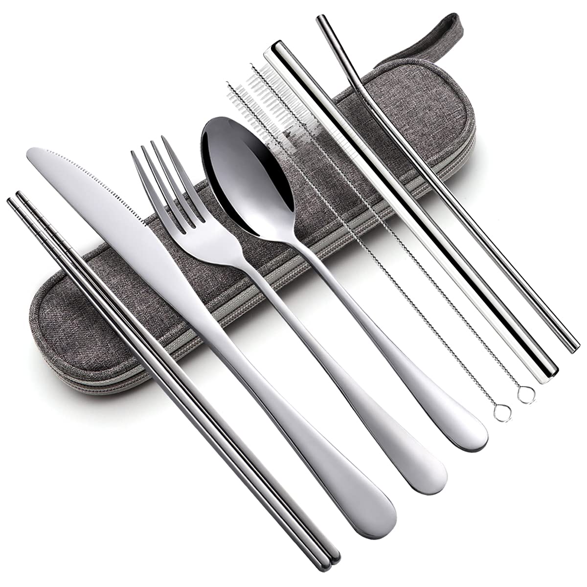Travel Reusable cutlery Set with Case Stainless Steel Flatware Portable Set 8pcs Including Straw cutlery