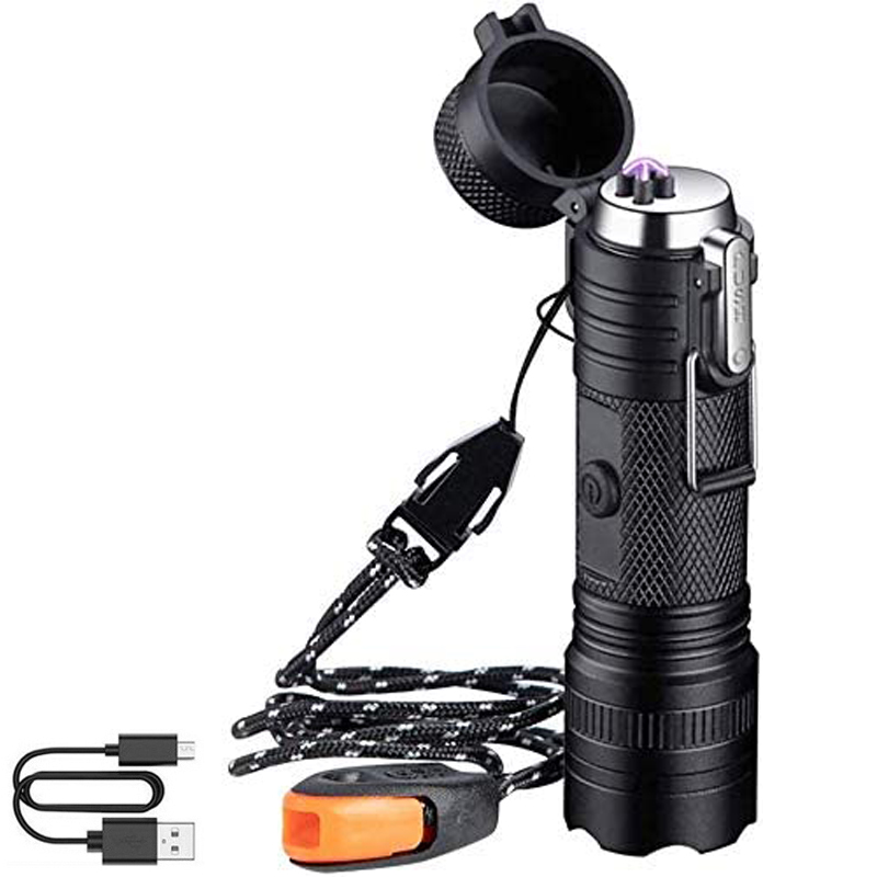 Portable Outdoor LED Flashlight Electric Lighter Waterproof Arc Plasma USB Windproof Lighter Rechargeable Camping Survival Gear
